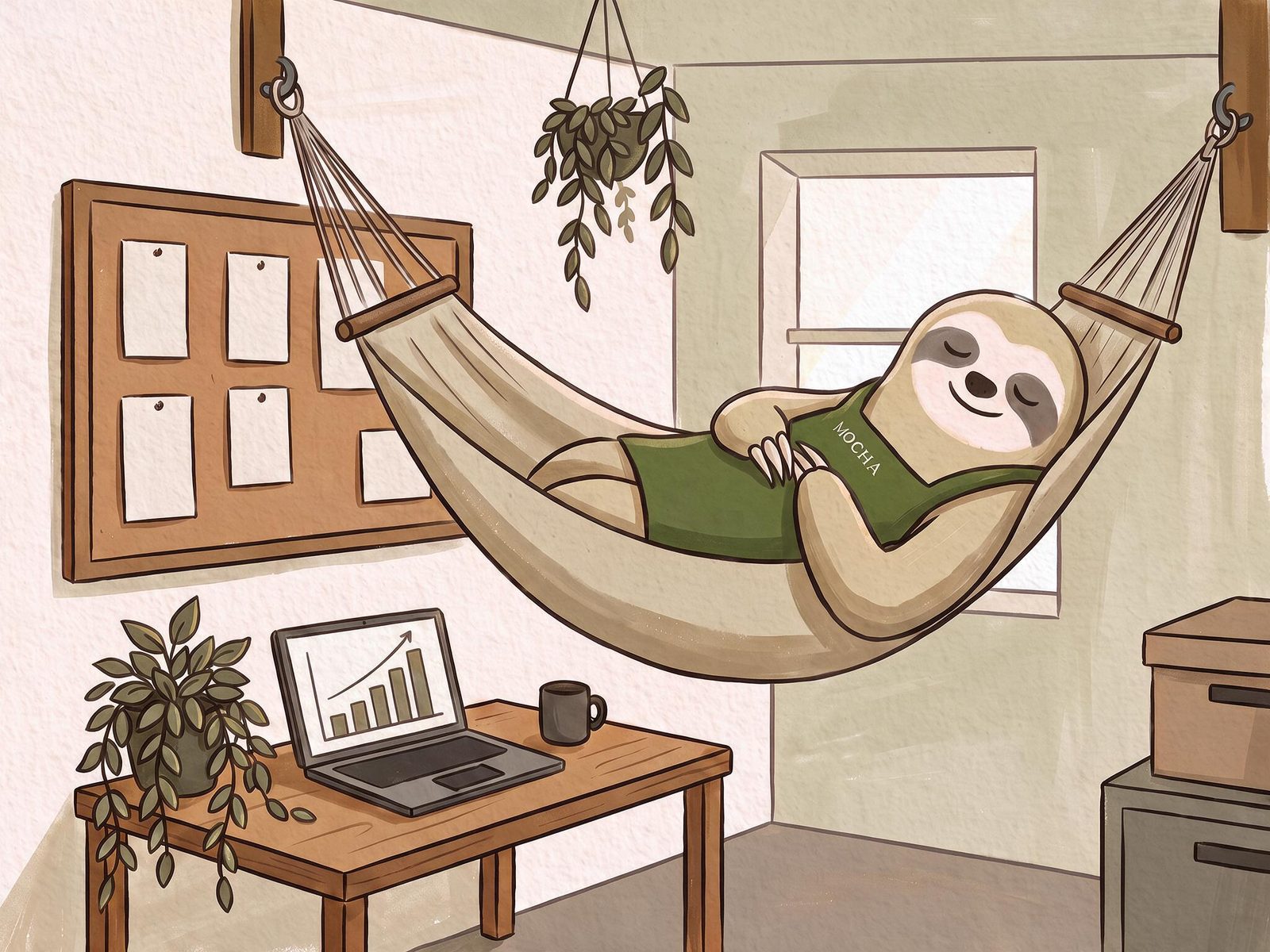 Illustration of Mocha napping in a hammock above a tidy desk with a laptop showing a rising chart