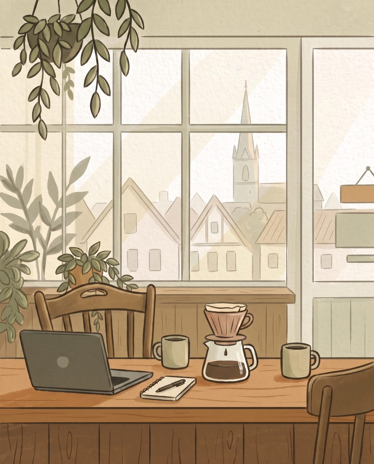Illustration of a café table by a window with two coffee cups, a laptop and a pour-over, rooftops outside
