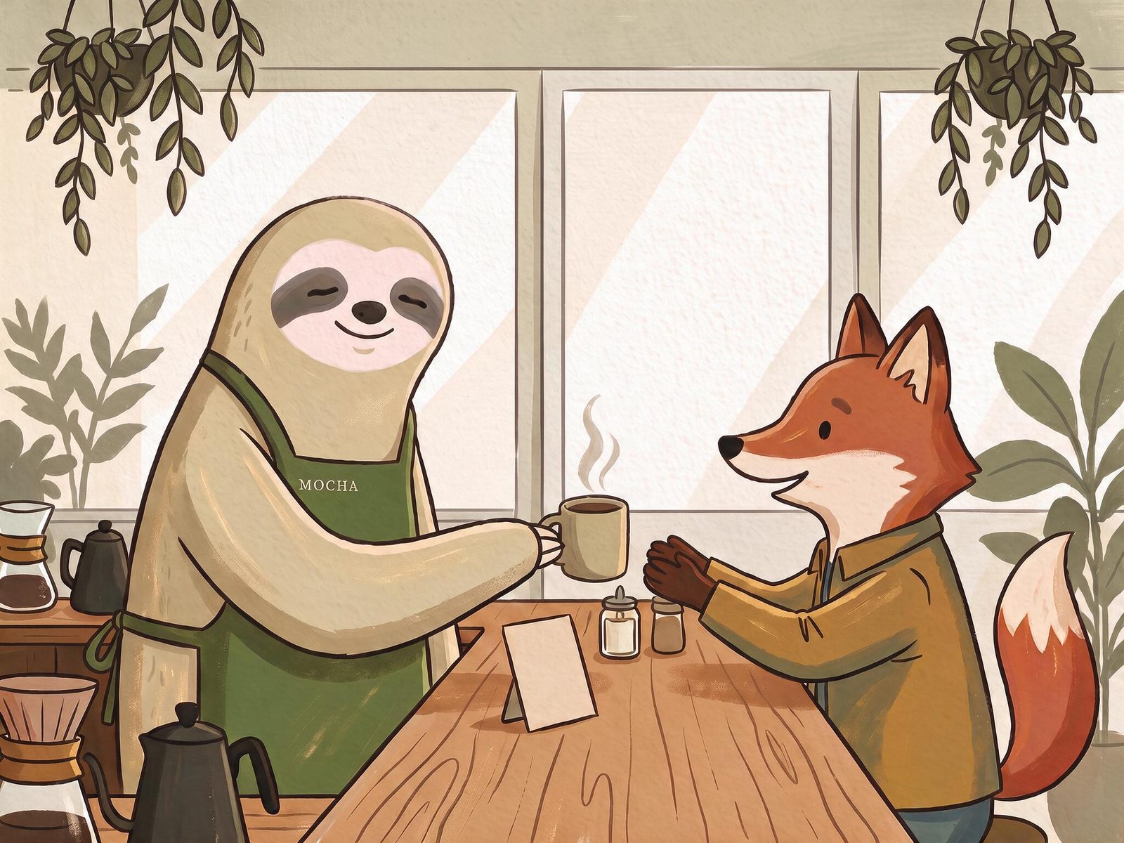 Illustration of Mocha handing a warm cup of coffee across the counter to a smiling fox