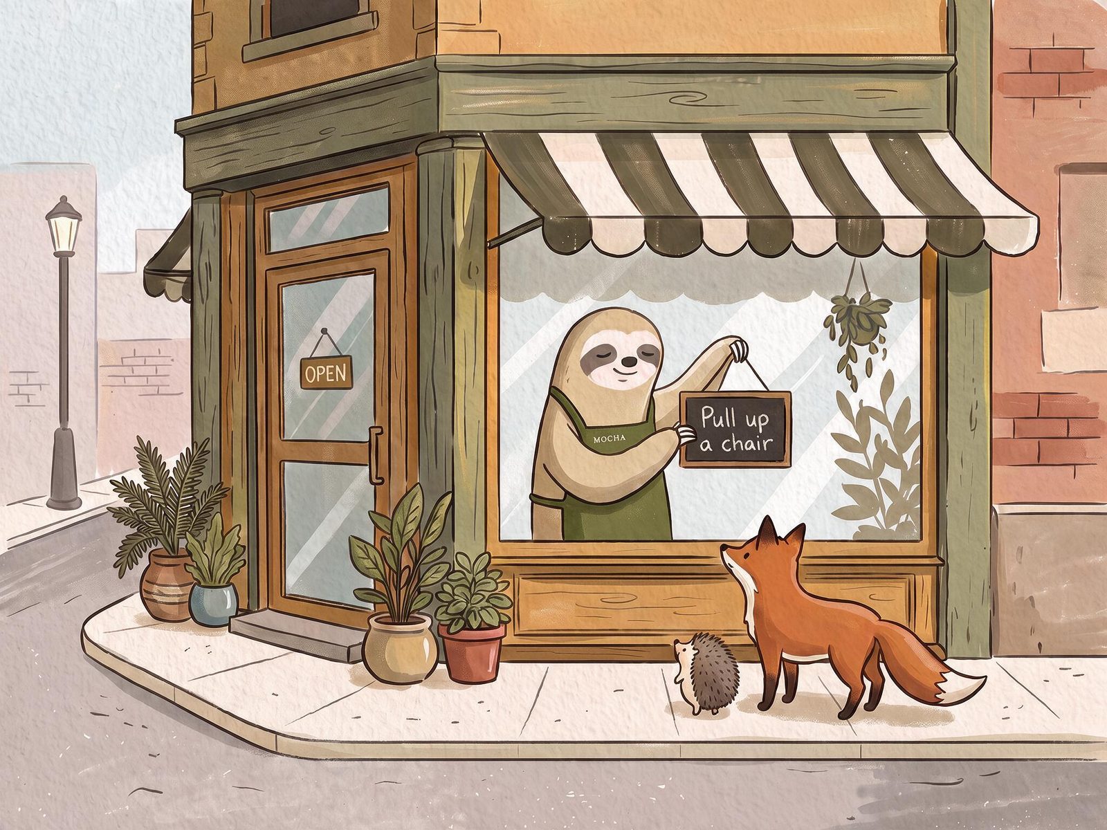 Illustration of Mocha hanging a chalkboard sign in the café's front window while a fox and a hedgehog peek in