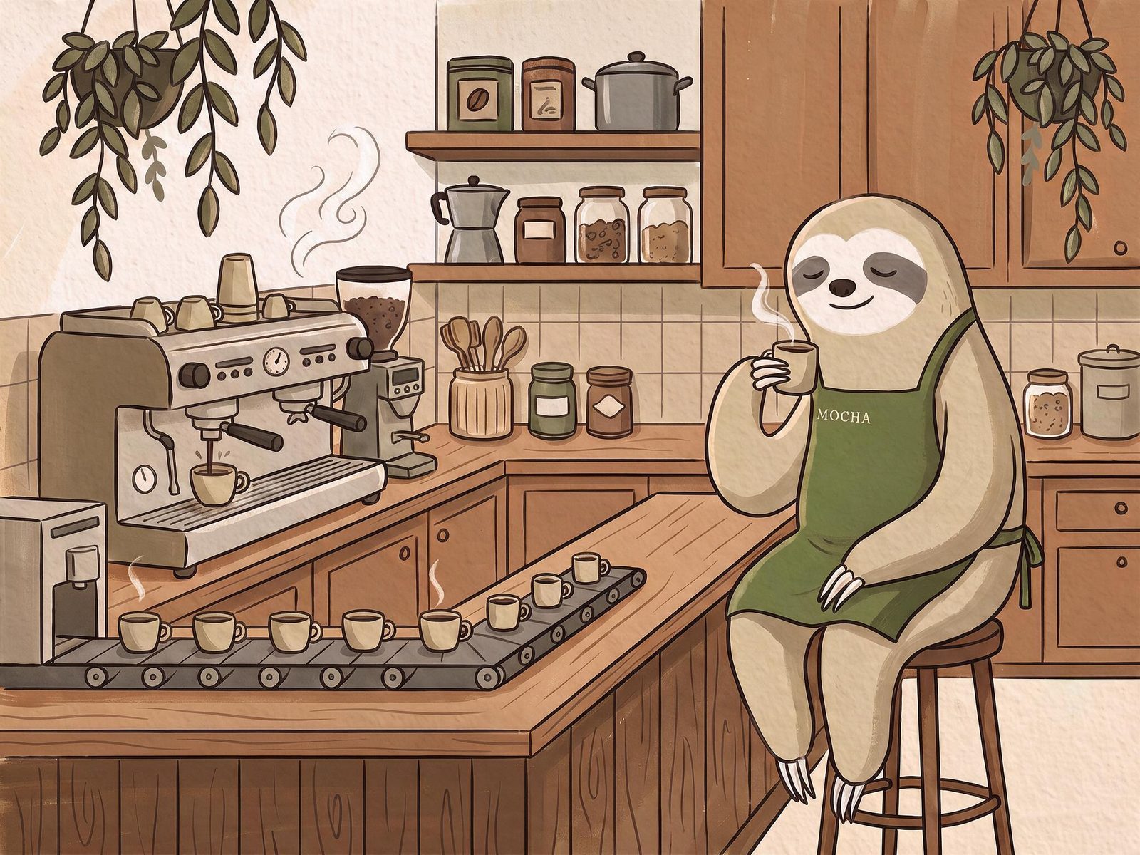 Illustration of a café kitchen where the espresso machine and a conveyor of cups run by themselves while Mocha sips coffee on a stool