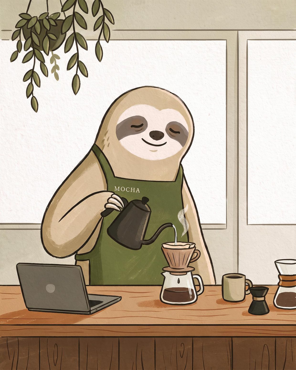 Illustration of Mocha, a sloth barista in a moss-green apron, slowly pouring a pour-over coffee by a sunny café window