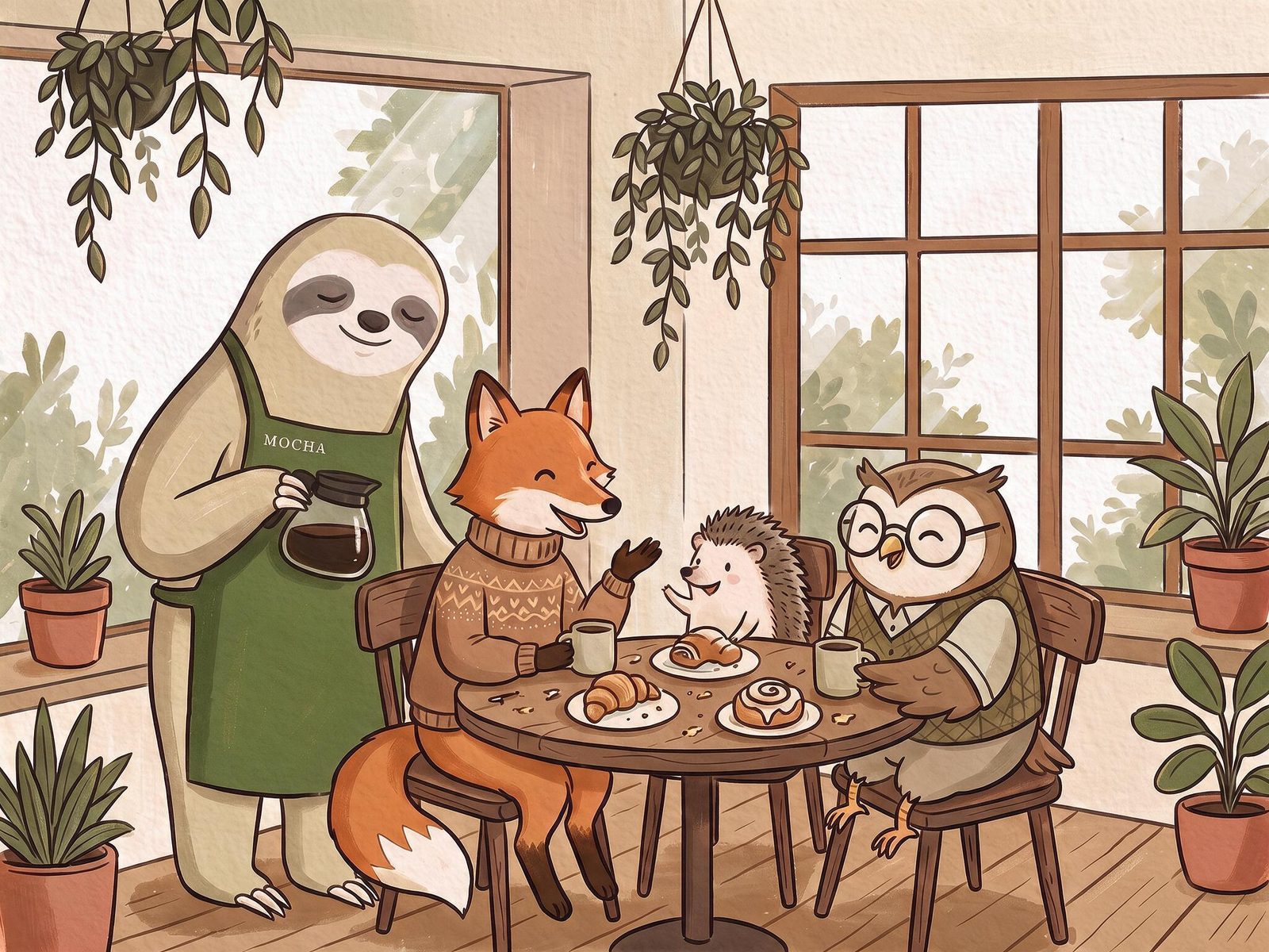 Illustration of a fox, a hedgehog and an owl chatting at a café table while Mocha brings coffee refills